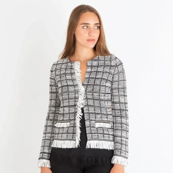 D. Exterior Made in ItalyHoundstooth Knitted Fringed Jacket
